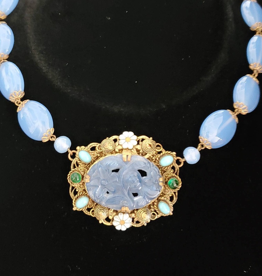 Antique Czech Periwinkle Glass Enamel Necklace Brass Glass Molded Floral Design